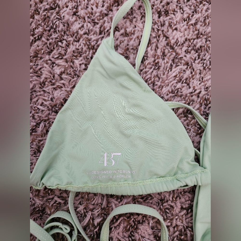 437 Mint Green Halter Triangle String Bikini Top L - image 3